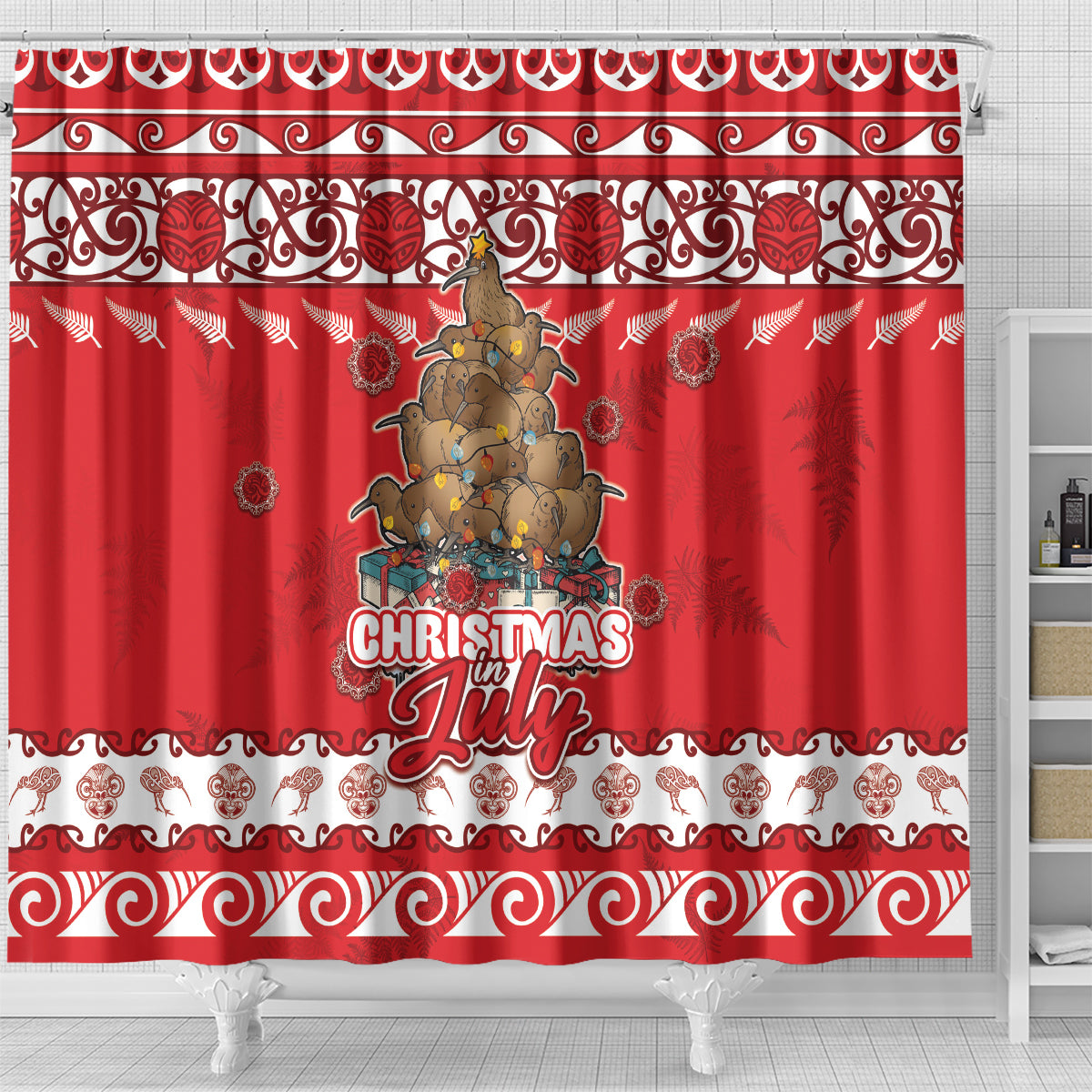 New Zealand Christmas In July Shower Curtain Maori Kiwi Xmas Tree - Red LT05 - Polynesian Pride