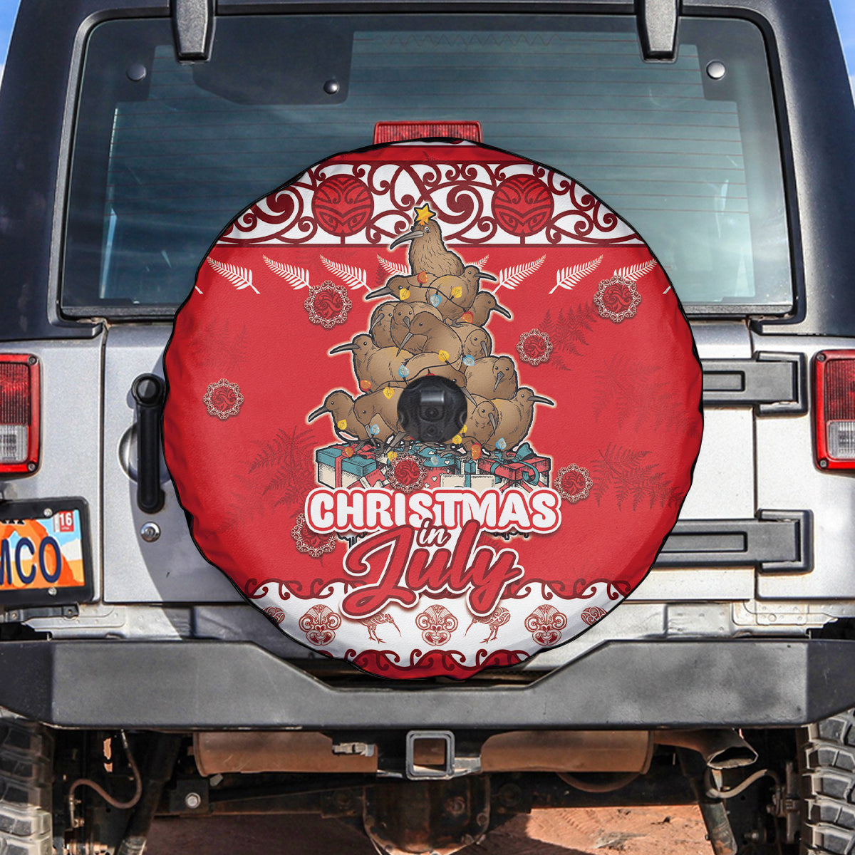 New Zealand Christmas In July Spare Tire Cover Maori Kiwi Xmas Tree - Red LT05 Red - Polynesian Pride