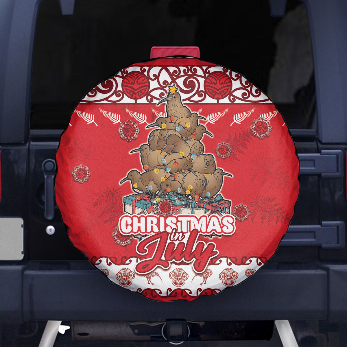 New Zealand Christmas In July Spare Tire Cover Maori Kiwi Xmas Tree - Red LT05 - Polynesian Pride