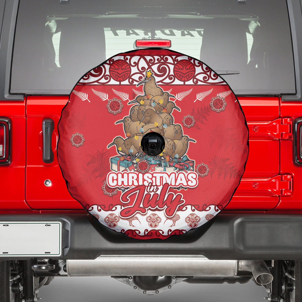 New Zealand Christmas In July Spare Tire Cover Maori Kiwi Xmas Tree - Red LT05 - Polynesian Pride