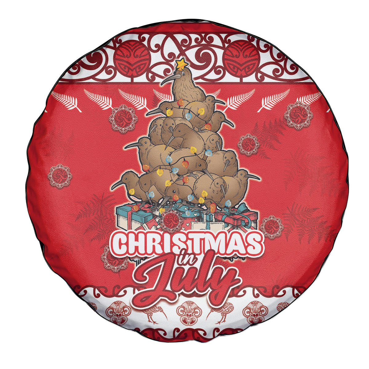 New Zealand Christmas In July Spare Tire Cover Maori Kiwi Xmas Tree - Red LT05 - Polynesian Pride