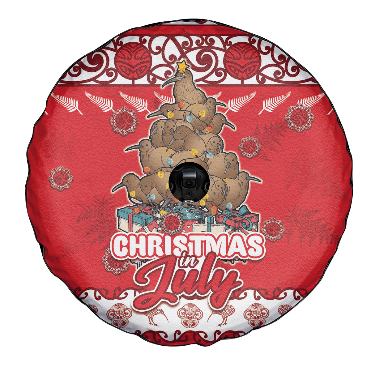 New Zealand Christmas In July Spare Tire Cover Maori Kiwi Xmas Tree - Red LT05 - Polynesian Pride