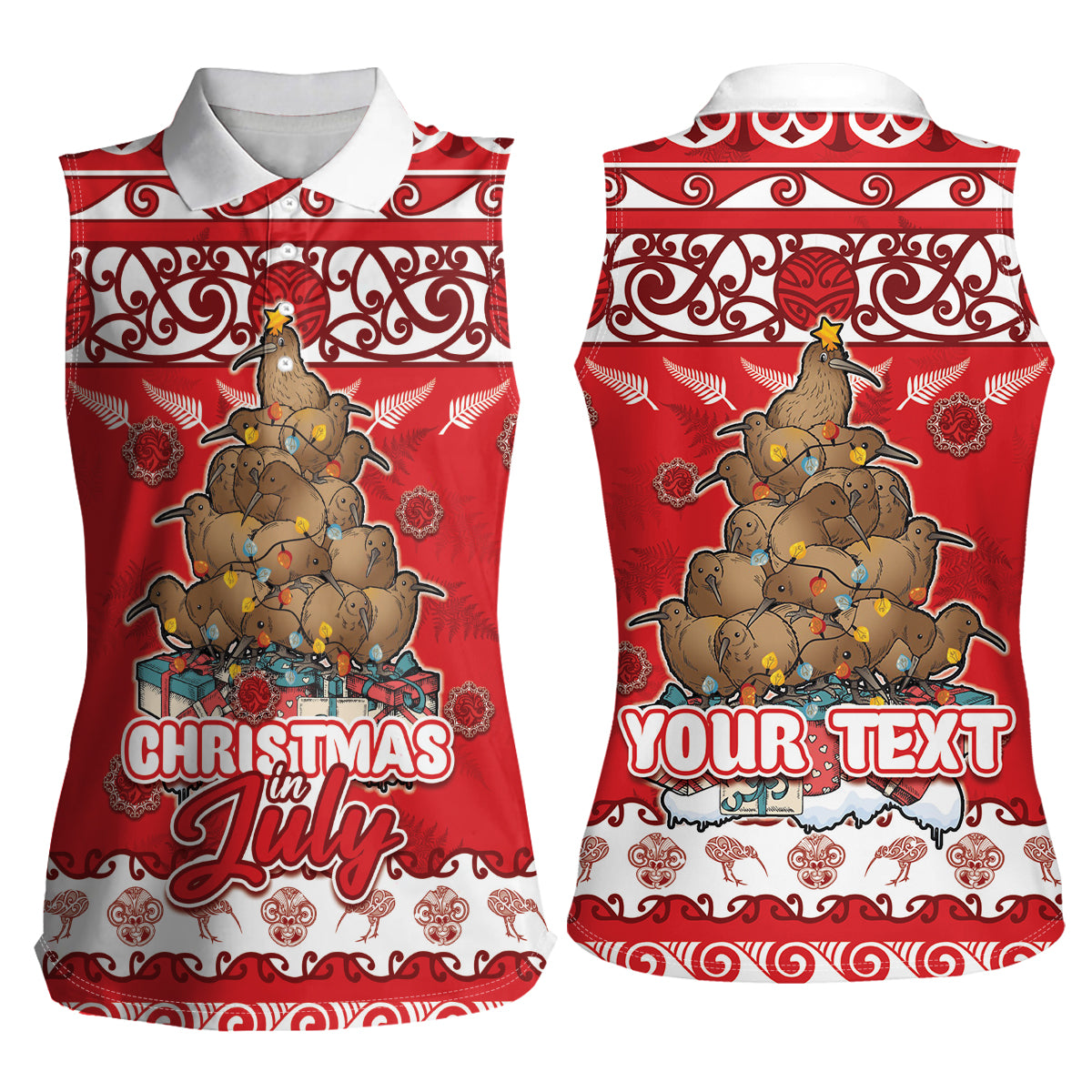 Personalised New Zealand Christmas In July Women Sleeveless Polo Shirt Maori Kiwi Xmas Tree - Red LT05 - Polynesian Pride