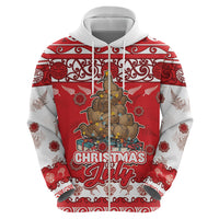 Personalised New Zealand Christmas In July Zip Hoodie Maori Kiwi Xmas Tree - Red LT05 - Polynesian Pride