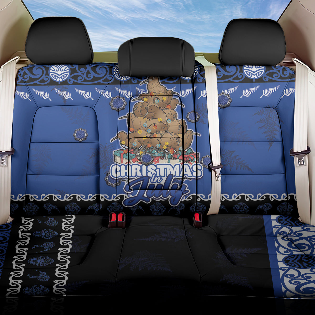 New Zealand July Christmas Back Car Seat Cover Maori Kiwi Xmas Tree - Blue LT05 One Size Blue - Polynesian Pride