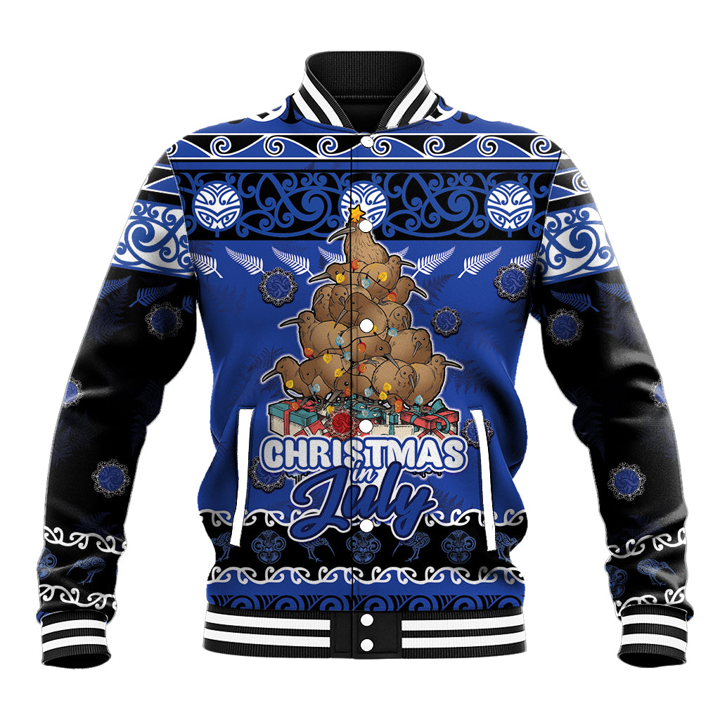 Personalised New Zealand July Christmas Baseball Jacket Maori Kiwi Xmas Tree - Blue LT05 Unisex Blue - Polynesian Pride