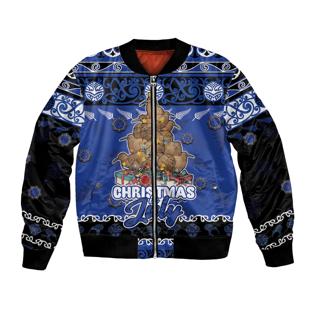 Personalised New Zealand July Christmas Bomber Jacket Maori Kiwi Xmas Tree - Blue LT05 Unisex Blue - Polynesian Pride