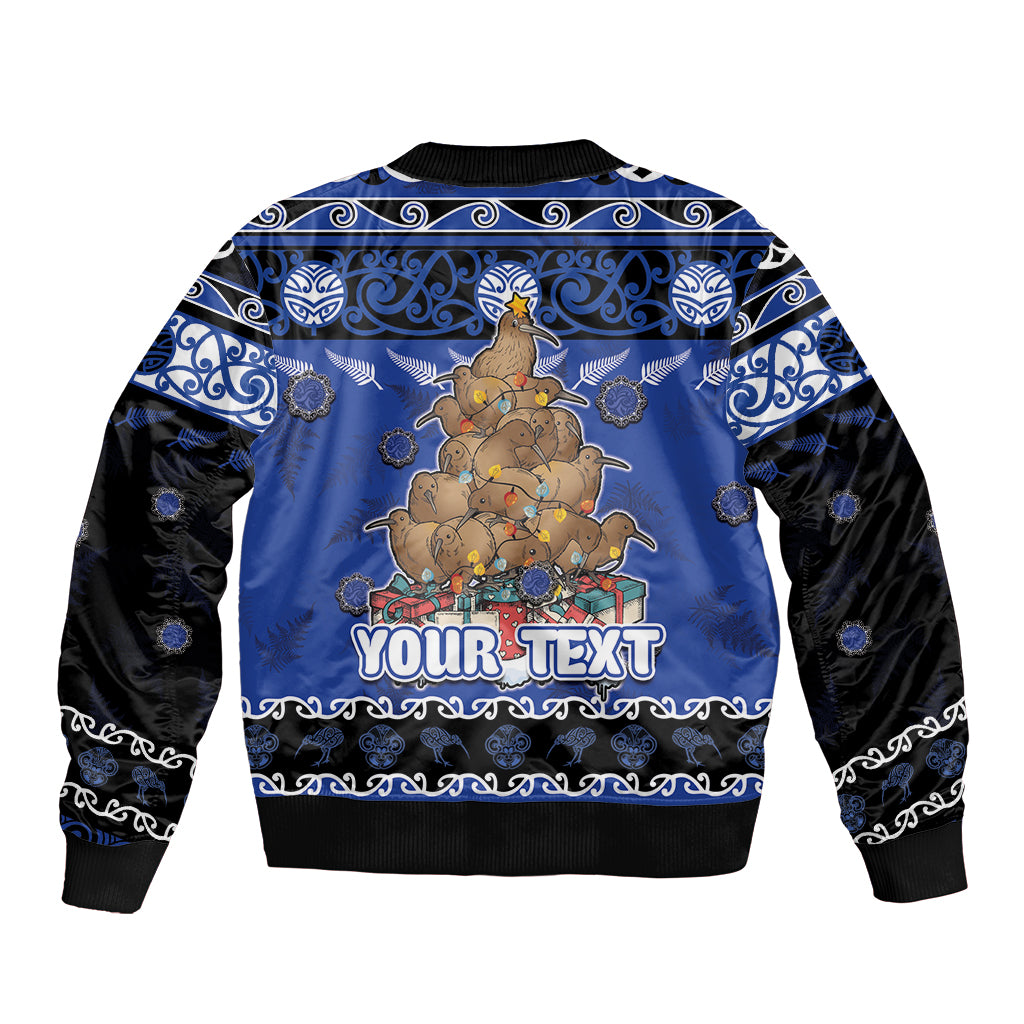 Personalised New Zealand July Christmas Bomber Jacket Maori Kiwi Xmas Tree - Blue LT05 - Polynesian Pride
