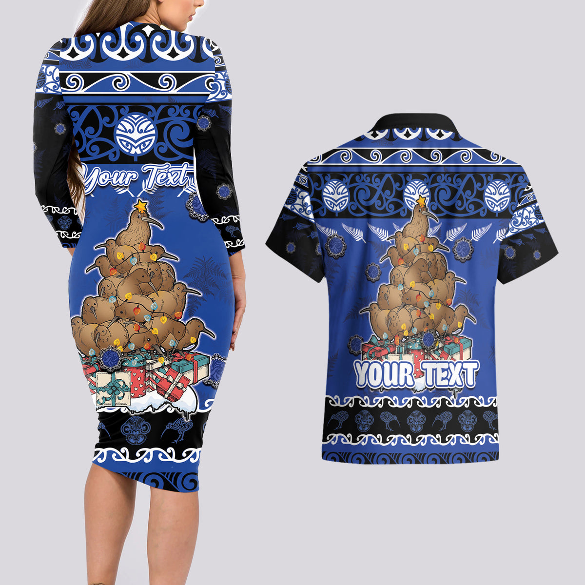Personalised New Zealand July Christmas Couples Matching Long Sleeve Bodycon Dress and Hawaiian Shirt Maori Kiwi Xmas Tree - Blue LT05 - Polynesian Pride