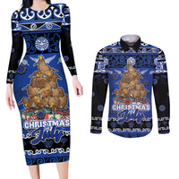 Personalised New Zealand July Christmas Couples Matching Long Sleeve Bodycon Dress and Long Sleeve Button Shirt Maori Kiwi Xmas Tree - Blue LT05 Blue - Polynesian Pride