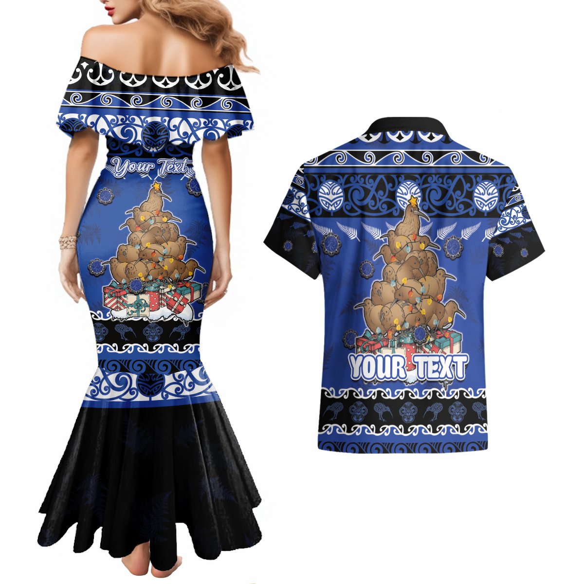 Personalised New Zealand July Christmas Couples Matching Mermaid Dress and Hawaiian Shirt Maori Kiwi Xmas Tree - Blue LT05 - Polynesian Pride