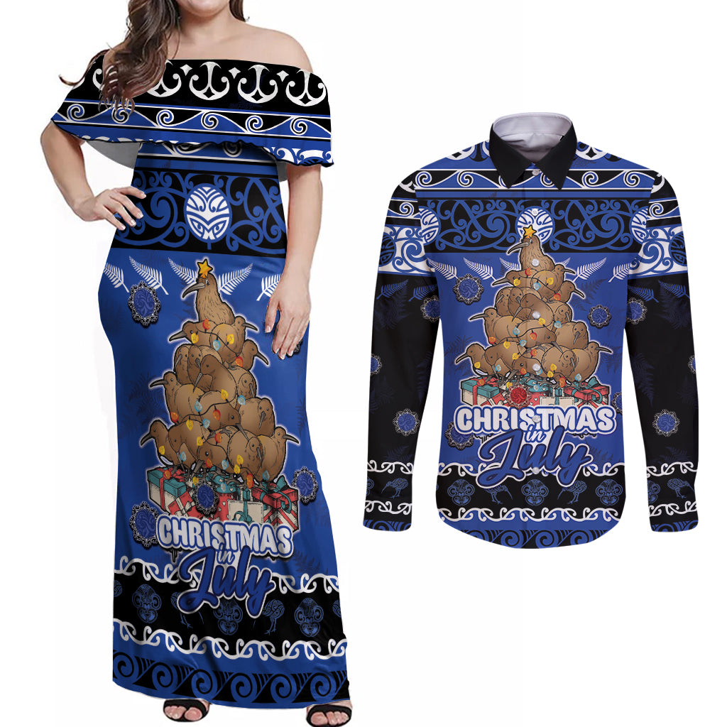 Personalised New Zealand July Christmas Couples Matching Off Shoulder Maxi Dress and Long Sleeve Button Shirt Maori Kiwi Xmas Tree - Blue LT05 Blue - Polynesian Pride