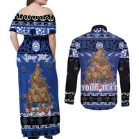 Personalised New Zealand July Christmas Couples Matching Off Shoulder Maxi Dress and Long Sleeve Button Shirt Maori Kiwi Xmas Tree - Blue LT05 - Polynesian Pride