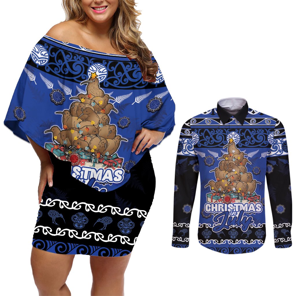 Personalised New Zealand July Christmas Couples Matching Off Shoulder Short Dress and Long Sleeve Button Shirt Maori Kiwi Xmas Tree - Blue LT05 Blue - Polynesian Pride