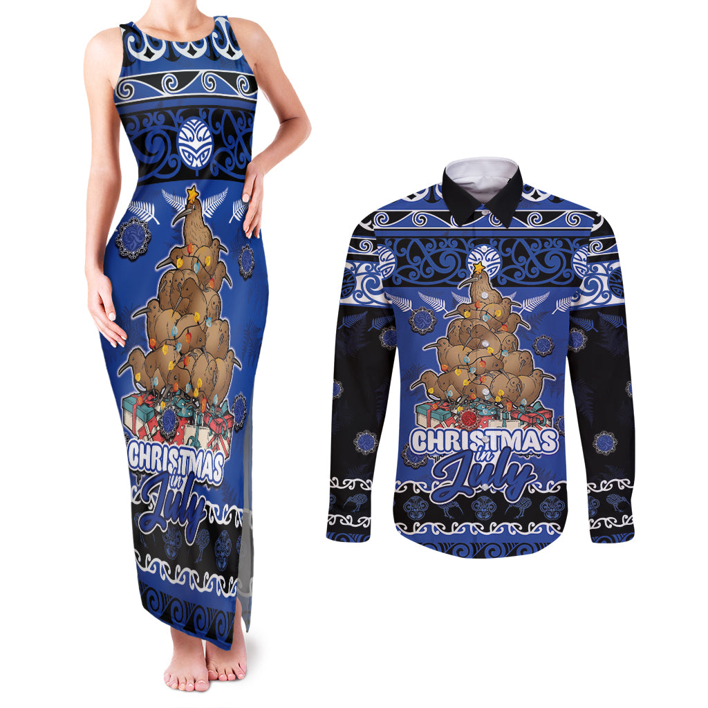 Personalised New Zealand July Christmas Couples Matching Tank Maxi Dress and Long Sleeve Button Shirt Maori Kiwi Xmas Tree - Blue LT05 Blue - Polynesian Pride