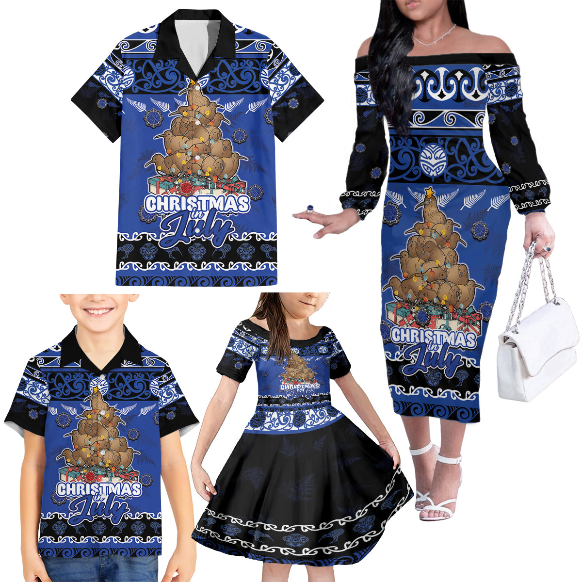 Personalised New Zealand July Christmas Family Matching Off The Shoulder Long Sleeve Dress and Hawaiian Shirt Maori Kiwi Xmas Tree - Blue LT05 - Polynesian Pride