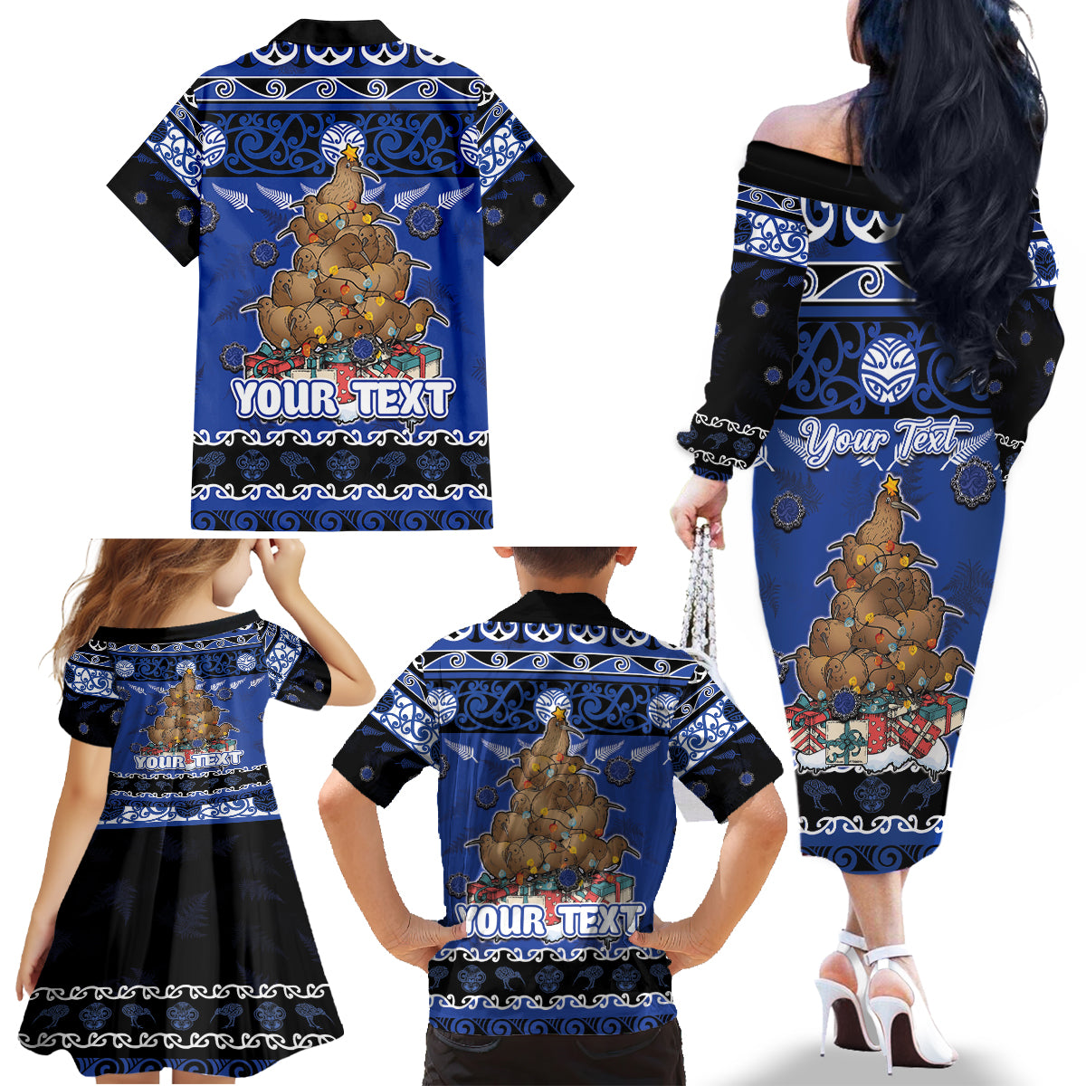 Personalised New Zealand July Christmas Family Matching Off The Shoulder Long Sleeve Dress and Hawaiian Shirt Maori Kiwi Xmas Tree - Blue LT05 - Polynesian Pride