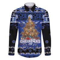 Personalised New Zealand July Christmas Family Matching Off Shoulder Maxi Dress and Hawaiian Shirt Maori Kiwi Xmas Tree - Blue LT05 Dad's Shirt - Long Sleeve Blue - Polynesian Pride