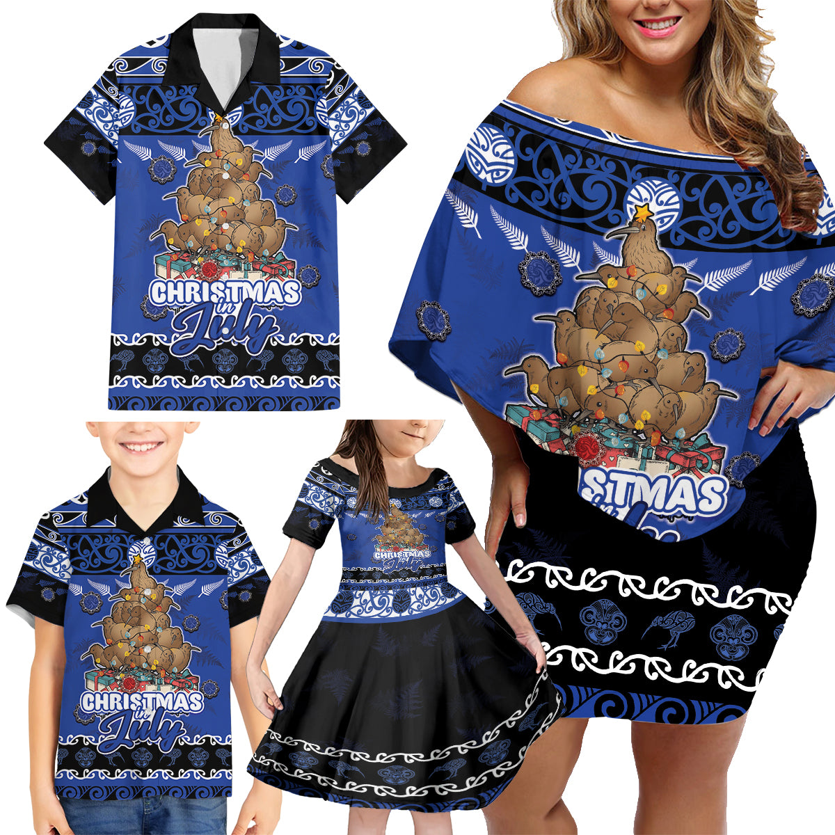 Personalised New Zealand July Christmas Family Matching Off Shoulder Short Dress and Hawaiian Shirt Maori Kiwi Xmas Tree - Blue LT05 - Polynesian Pride