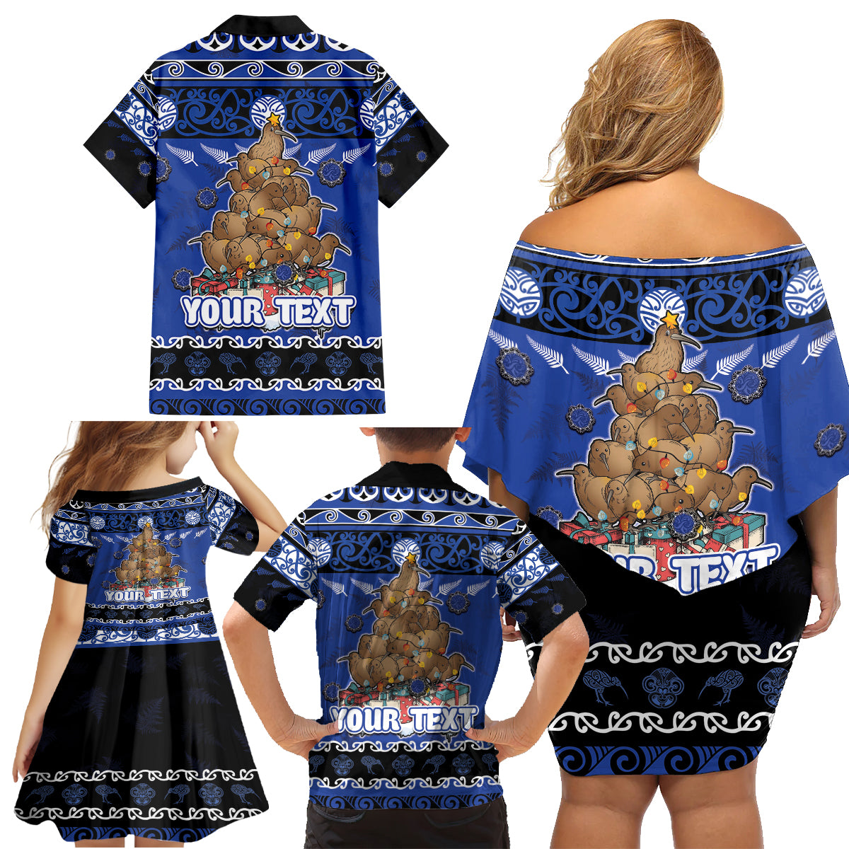 Personalised New Zealand July Christmas Family Matching Off Shoulder Short Dress and Hawaiian Shirt Maori Kiwi Xmas Tree - Blue LT05 - Polynesian Pride