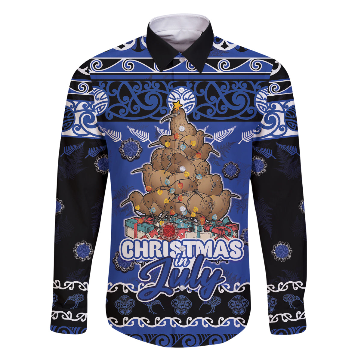 Personalised New Zealand July Christmas Family Matching Off Shoulder Short Dress and Hawaiian Shirt Maori Kiwi Xmas Tree - Blue LT05 Dad's Shirt - Long Sleeve Blue - Polynesian Pride