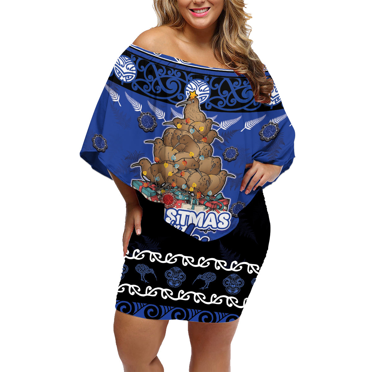 Personalised New Zealand July Christmas Family Matching Off Shoulder Short Dress and Hawaiian Shirt Maori Kiwi Xmas Tree - Blue LT05 Mom's Dress Blue - Polynesian Pride