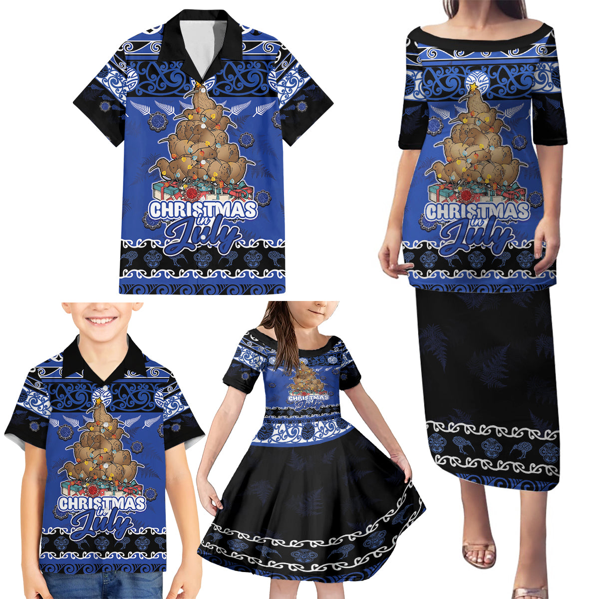 Personalised New Zealand July Christmas Family Matching Puletasi and Hawaiian Shirt Maori Kiwi Xmas Tree - Blue LT05 - Polynesian Pride