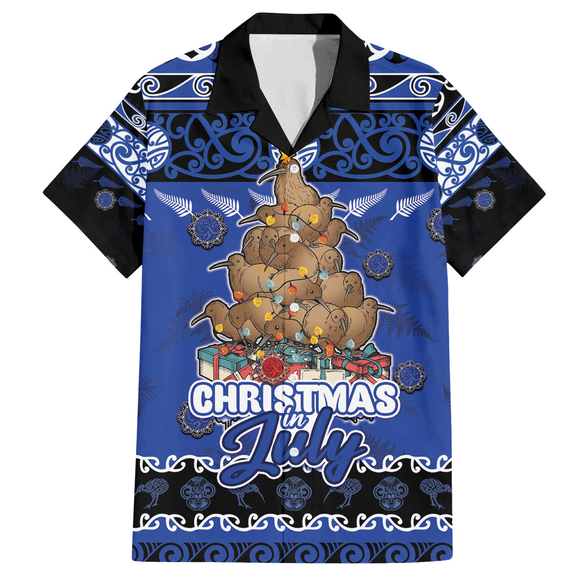 Personalised New Zealand July Christmas Family Matching Puletasi and Hawaiian Shirt Maori Kiwi Xmas Tree - Blue LT05 Dad's Shirt - Short Sleeve Blue - Polynesian Pride