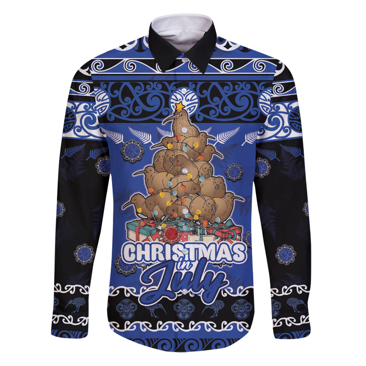 Personalised New Zealand July Christmas Family Matching Puletasi and Hawaiian Shirt Maori Kiwi Xmas Tree - Blue LT05 Dad's Shirt - Long Sleeve Blue - Polynesian Pride