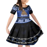 Personalised New Zealand July Christmas Family Matching Short Sleeve Bodycon Dress and Hawaiian Shirt Maori Kiwi Xmas Tree - Blue LT05 Daughter's Dress Blue - Polynesian Pride
