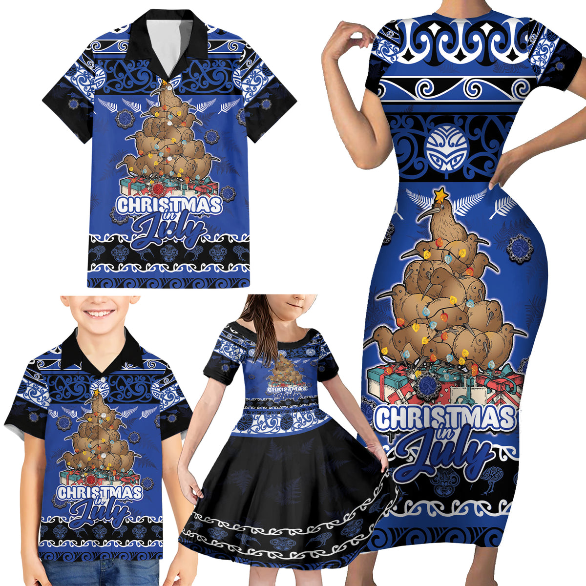 Personalised New Zealand July Christmas Family Matching Short Sleeve Bodycon Dress and Hawaiian Shirt Maori Kiwi Xmas Tree - Blue LT05 - Polynesian Pride