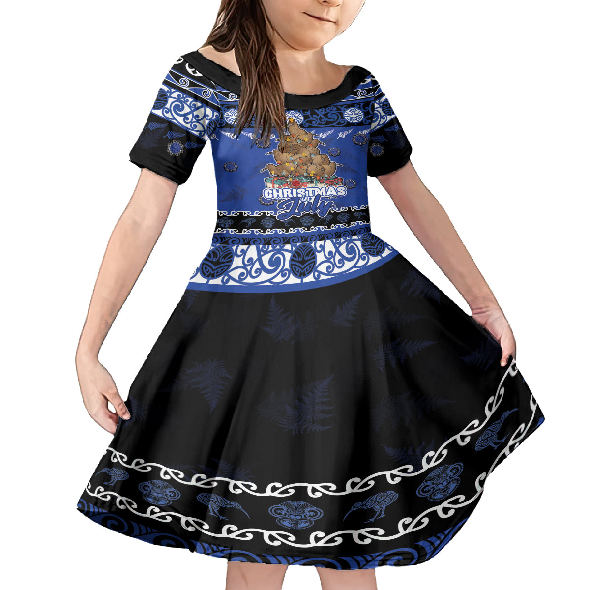 Personalised New Zealand July Christmas Family Matching Tank Maxi Dress and Hawaiian Shirt Maori Kiwi Xmas Tree - Blue LT05 Daughter's Dress Blue - Polynesian Pride