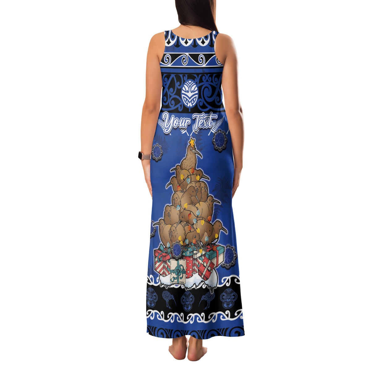Personalised New Zealand July Christmas Family Matching Tank Maxi Dress and Hawaiian Shirt Maori Kiwi Xmas Tree - Blue LT05 - Polynesian Pride