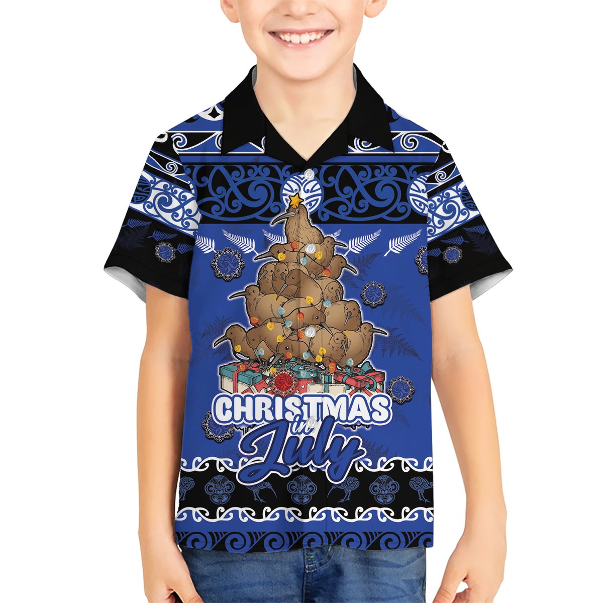 Personalised New Zealand July Christmas Hawaiian Shirt Maori Kiwi Xmas Tree - Blue LT05 - Polynesian Pride