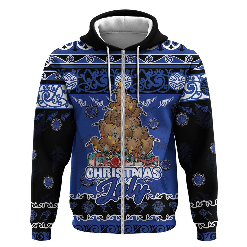 Personalised New Zealand July Christmas Hoodie Maori Kiwi Xmas Tree - Blue LT05 Zip Hoodie Blue - Polynesian Pride