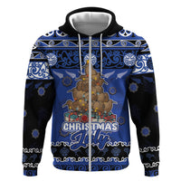 Personalised New Zealand July Christmas Hoodie Maori Kiwi Xmas Tree - Blue LT05 Zip Hoodie Blue - Polynesian Pride