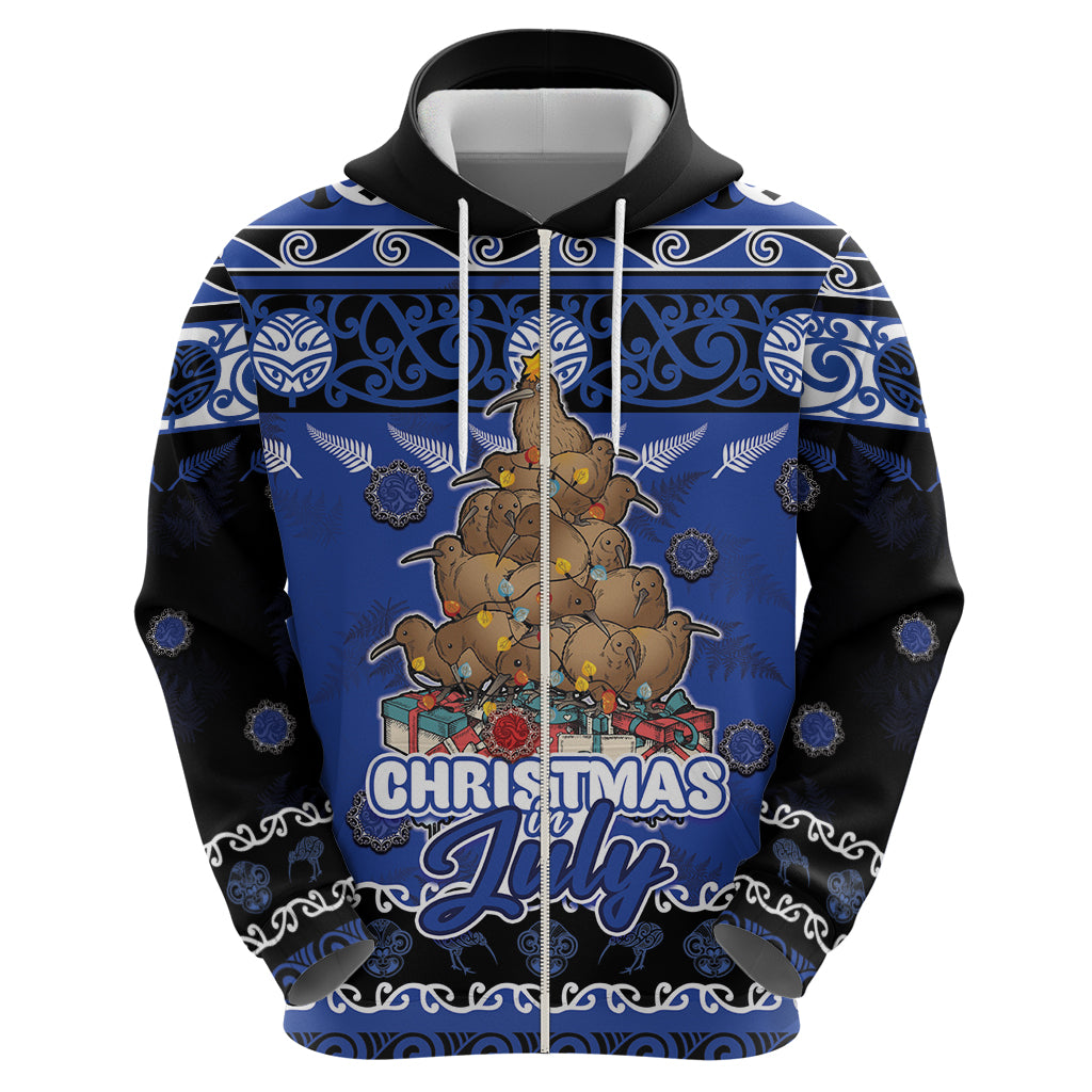 Personalised New Zealand July Christmas Hoodie Maori Kiwi Xmas Tree - Blue LT05 - Polynesian Pride
