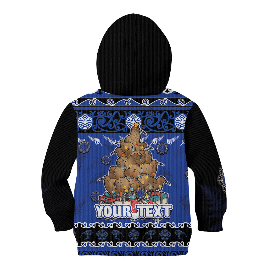 Personalised New Zealand July Christmas Kid Hoodie Maori Kiwi Xmas Tree - Blue LT05 - Polynesian Pride