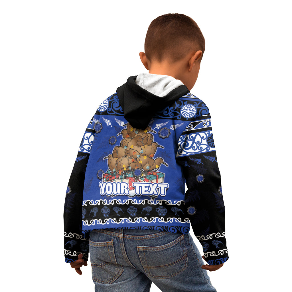 Personalised New Zealand July Christmas Kid Hoodie Maori Kiwi Xmas Tree - Blue LT05 - Polynesian Pride
