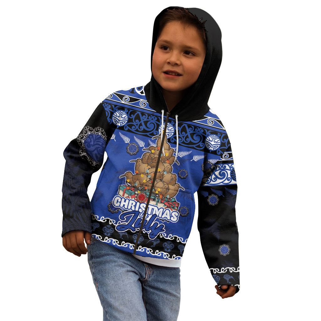 Personalised New Zealand July Christmas Kid Hoodie Maori Kiwi Xmas Tree - Blue LT05 - Polynesian Pride