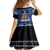 Personalised New Zealand July Christmas Kid Short Sleeve Dress Maori Kiwi Xmas Tree - Blue LT05 - Polynesian Pride