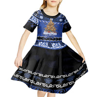 Personalised New Zealand July Christmas Kid Short Sleeve Dress Maori Kiwi Xmas Tree - Blue LT05 - Polynesian Pride