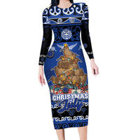 Personalised New Zealand July Christmas Long Sleeve Bodycon Dress Maori Kiwi Xmas Tree - Blue LT05 Long Dress Blue - Polynesian Pride