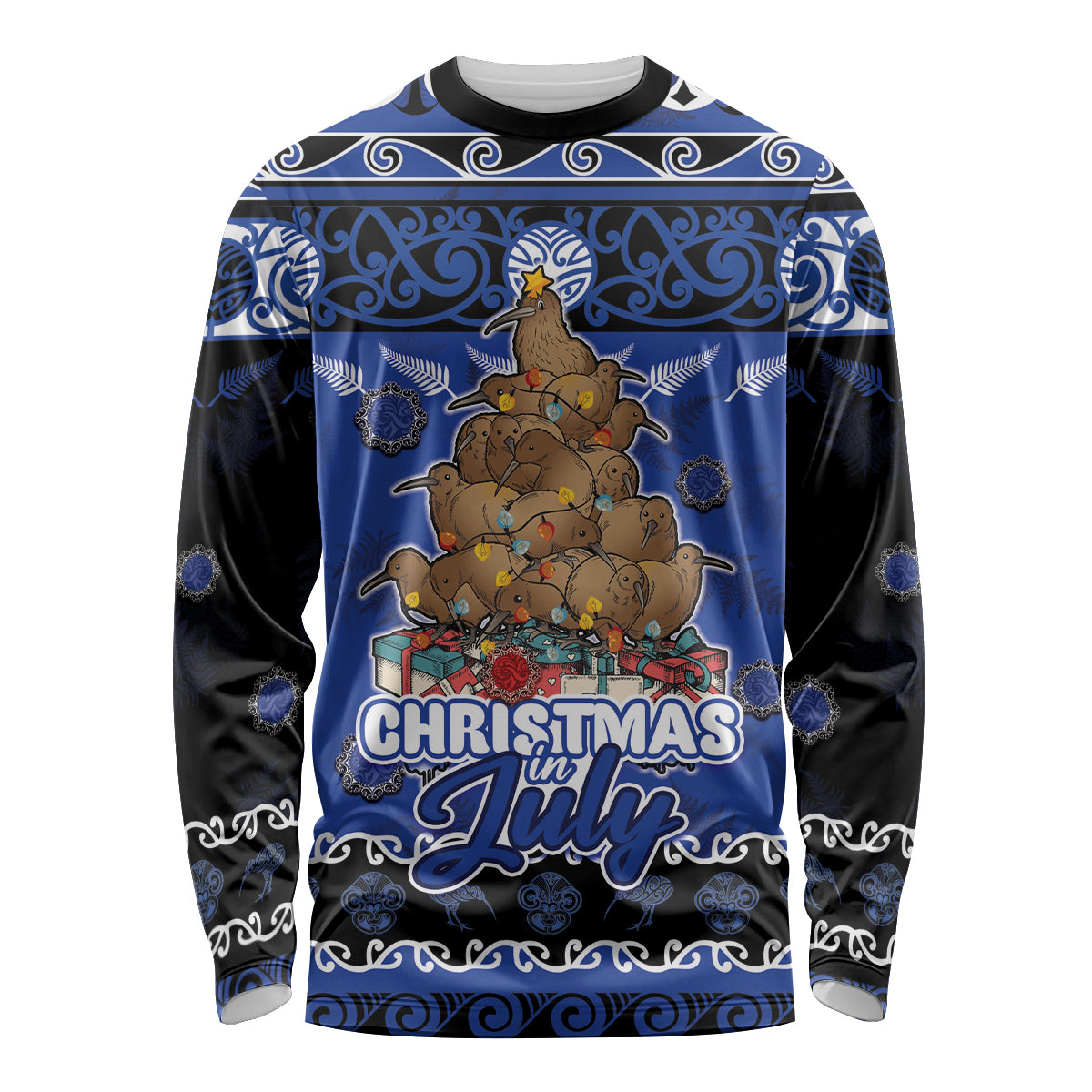 Personalised New Zealand July Christmas Long Sleeve Shirt Maori Kiwi Xmas Tree - Blue LT05 Unisex Blue - Polynesian Pride