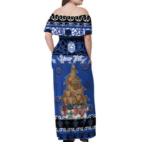 Personalised New Zealand July Christmas Off Shoulder Maxi Dress Maori Kiwi Xmas Tree - Blue LT05 - Polynesian Pride
