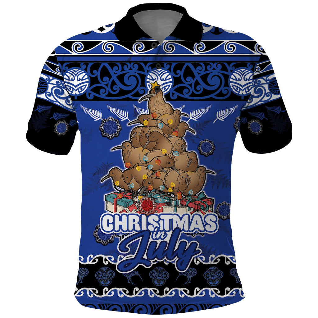 Personalised New Zealand July Christmas Polo Shirt Maori Kiwi Xmas Tree - Blue LT05 Blue - Polynesian Pride