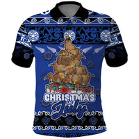 Personalised New Zealand July Christmas Polo Shirt Maori Kiwi Xmas Tree - Blue LT05 Blue - Polynesian Pride