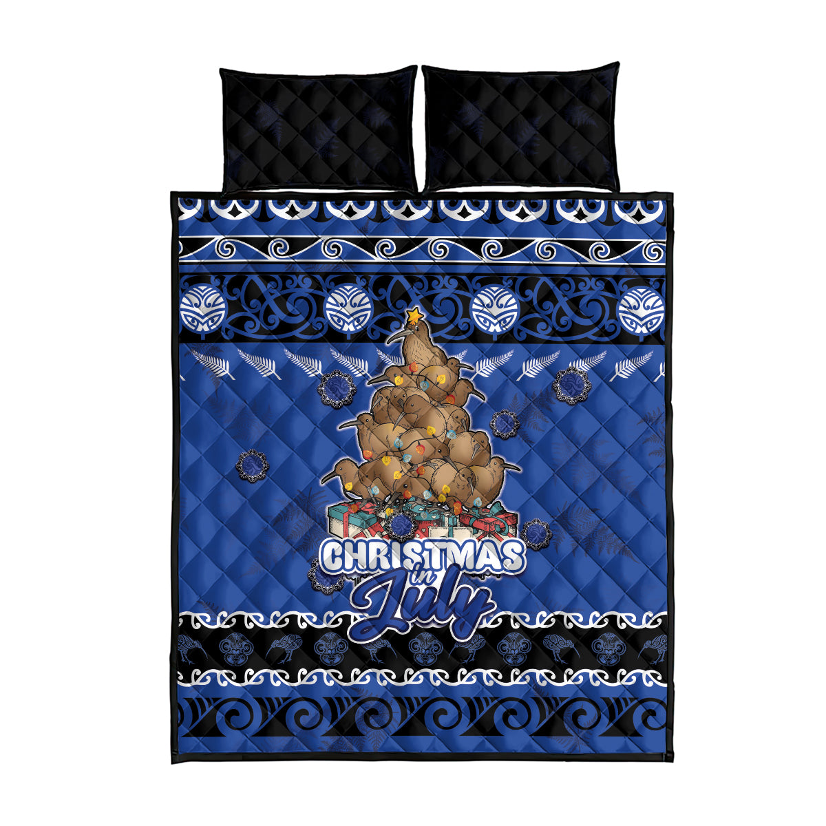 New Zealand July Christmas Quilt Bed Set Maori Kiwi Xmas Tree - Blue