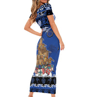 Personalised New Zealand July Christmas Short Sleeve Bodycon Dress Maori Kiwi Xmas Tree - Blue LT05 - Polynesian Pride