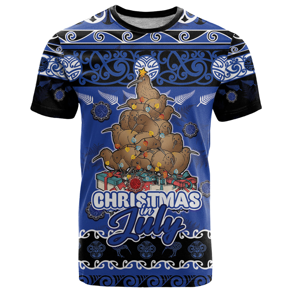 Personalised New Zealand July Christmas T Shirt Maori Kiwi Xmas Tree - Blue LT05 Blue - Polynesian Pride